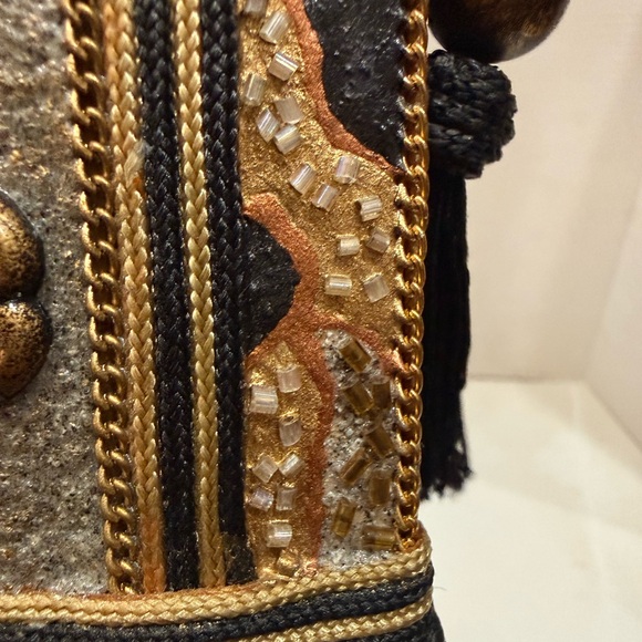 Vintage Mary Frances Handcrafted Box Minaudiere Black Gold Beaded Chain Tassel - Picture 8 of 16
